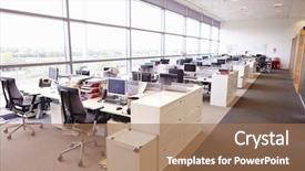  Presentation with interior design office - Amazing PPT theme having large open plan office interior backdrop and a coral colored foreground