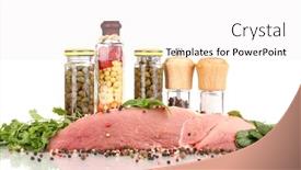  Presentation with cooking oil - Cool new presentation theme with large piece of pork marinated with herbs spices and cooking oil isolated on white backdrop and a white colored foreground