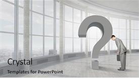  Presentation with despair - Colorful slides enhanced with large question mark sign - businessman in despair to find backdrop and a  colored foreground