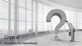  Presentation with despair - Audience pleasing PPT theme consisting of large question mark sign - businessman in despair to find backdrop and a  colored foreground