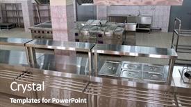 Presentation with restaurant equipment - Amazing PPT theme having large restaurant kitchen with new backdrop and a gray colored foreground