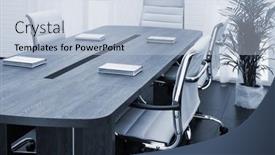  Presentation with conference table - Slide deck with large-table-and-chairs background and a light blue colored foreground