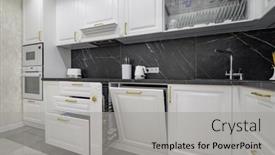  Presentation with kitchen furniture - Presentation theme featuring large-white-modern-domestic-kitchen background and a light gray colored foreground