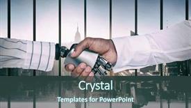  Presentation with rescue robot - Cool new slide deck with large window looking on city backdrop and a ocean colored foreground