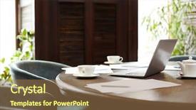  Presentation with meeting table - Cool new slide set with large wooden table with tea backdrop and a coral colored foreground