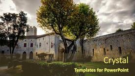 Presentation with church medieval - Presentation design featuring small fortified villages in france background and a tawny brown colored foreground