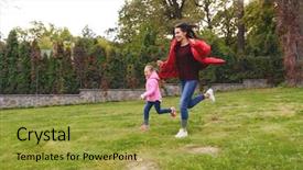  Presentation with displaying a happy mother cudd - Presentation theme with las corridas - happy young mother running outdoors background and a  colored foreground