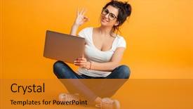  Presentation with computer - Presentation theme featuring las corridas - picture of smiling pretty young background and a gold colored foreground