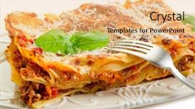  Presentation with food lasagna - Audience pleasing PPT theme consisting of lasagna on dish backdrop and a coral colored foreground