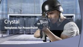  Presentation with defending - Beautiful presentation design featuring laser gun - military defending a business building backdrop and a ocean colored foreground