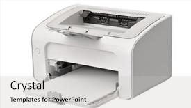  Presentation with laser - Theme having laser printer isolated on a white background background and a light gray colored foreground