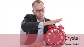  Presentation with clock - Colorful presentation theme enhanced with last chance - businessman stopping time on red backdrop and a coral colored foreground