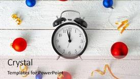  Presentation with clock countdown - PPT theme featuring last year - retro alarm clock and decorations background and a coral colored foreground