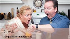  Presentation with stressed - Beautiful slides featuring late-for-work-stressed-couple backdrop and a coral colored foreground