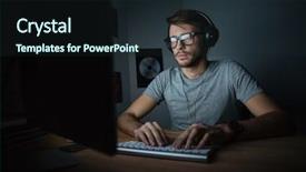  Presentation with dark room for interrogation - Cool new presentation theme with late night - concentrated young man in headphones backdrop and a wine colored foreground