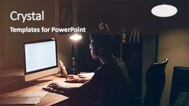  Presentation with computer room - Cool new slide set with late night - focused asian young man backdrop and a tawny brown colored foreground