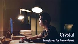  Presentation with computer room - Presentation design with late night - serious asian young man using background and a navy blue colored foreground