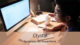  Presentation with computer room - Presentation theme having late night - thoughtful asian young man reading background and a coral colored foreground