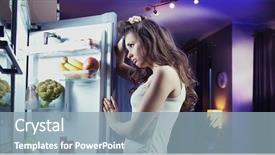  Presentation with fridge - Beautiful slide deck featuring late night - young woman looking at fridge backdrop and a light blue colored foreground