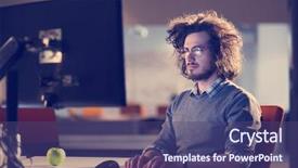  Presentation with later - Slide deck having lateral thinking - young man working on computer background and a  colored foreground