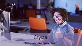  Presentation with later - Cool new theme with lateral thinking - young man working on computer backdrop and a  colored foreground