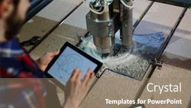  Presentation with machine learning - Audience pleasing PPT theme consisting of lathe-machine-engineer-with-touchpad backdrop and a coral colored foreground