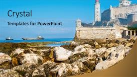  Presentation with symbol - Audience pleasing PPT theme consisting of latin america caribe - iconic castle of el morro backdrop and a teal colored foreground