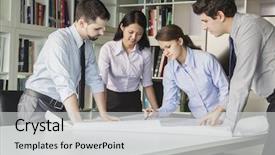  Presentation with planning - Audience pleasing theme consisting of latin american - four architects standing and planning backdrop and a light gray colored foreground