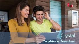  Presentation with weight loss woman showing - Slide deck featuring latin american - woman showing something on tablet background and a ocean colored foreground