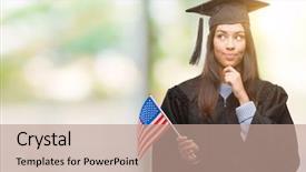  Presentation with america flag - Colorful presentation enhanced with latin american flags - young hispanic woman wearing graduated backdrop and a  colored foreground
