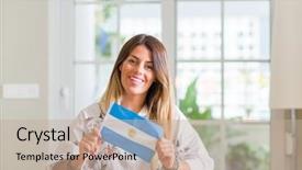  Presentation with flag of argentina - Audience pleasing PPT layouts consisting of latin american flags - young woman at home holding backdrop and a mint green colored foreground
