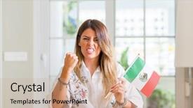  Presentation with mexico flag - Colorful presentation theme enhanced with latin american flags - young woman at home holding backdrop and a  colored foreground