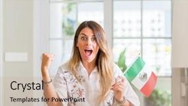  Presentation with mexico flag - Audience pleasing PPT theme consisting of latin american flags - young woman at home holding backdrop and a coral colored foreground