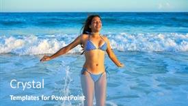  Presentation with caribbean - Amazing theme having latin beautiful bikini girl happy jumping in caribbean beach sunset backdrop and a light blue colored foreground