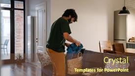  Presentation with clothes - Theme having latin-curly-man-putting-clothes background and a tawny brown colored foreground