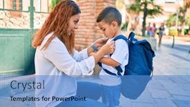  Presentation with backpack - Cool new slide deck with latin-mother-putting-up-backpack backdrop and a teal colored foreground