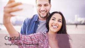  Presentation with latina - Presentation theme featuring latina - happy couple taking selfie background and a coral colored foreground