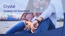  Presentation with latino - Slide deck having latino - boyfriend giving girlfriend a kiss background and a sky blue colored foreground