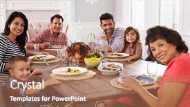  Presentation with extended family - Colorful theme enhanced with latino - extended hispanic family enjoying meal backdrop and a coral colored foreground
