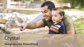  Presentation with latino - Presentation theme featuring latino - happy hispanic father points background and a coral colored foreground