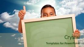  Presentation with sun rays on blue sky - Audience pleasing slides consisting of latino children - proud hispanic boy holding blank backdrop and a mint green colored foreground