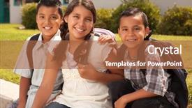  Presentation with school backpacks - Presentation design enhanced with latino children - cute brothers and sister wearing background and a coral colored foreground