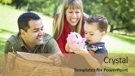  Presentation with give - Presentation theme having piggy bank at a picnic background and a coral colored foreground