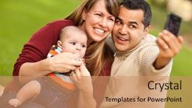  Presentation with new parents baby and dr - PPT layouts featuring happy mixed race parents and baby boy taking self portraits at the park background and a coral colored foreground