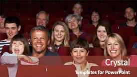  Presentation with cinema film processing - PPT theme consisting of laugh audience - family watching film in cinema background and a tawny brown colored foreground