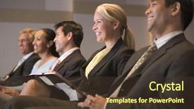  Presentation with room - Beautiful PPT theme featuring laugh audience - five businesspeople smiling in presentation backdrop and a tawny brown colored foreground