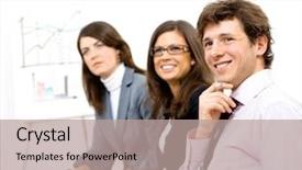  Presentation with smiling paramedic sitting in ambulance - Slides consisting of laugh audience - group of smiling businesspeople sitting background and a  colored foreground