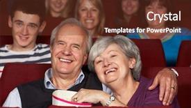  Presentation with cinema film processing - Cool new presentation with laugh audience - senior couple watching film backdrop and a  colored foreground