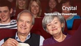  Presentation with senior couple - Beautiful presentation theme featuring laugh audience - senior couple watching film backdrop and a  colored foreground
