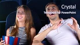  Presentation with movie cinema or theater audience - Beautiful presentation theme featuring laugh audience - young couple watching movie backdrop and a  colored foreground